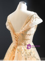 A-Line Champagne Tulle Sequins Cap Sleeve Open Back Long Prom Dress 2020