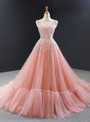 Amazing Pink Ball Gown Tulle Beading Backless Sleeveless Long Prom Dress 2020
