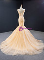 Popular Champagne Mermaid Tulle Appliques V-neck Sleeveless Prom Dress 2020