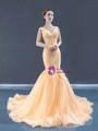 Popular Champagne Mermaid Tulle Appliques V-neck Sleeveless Prom Dress 2020