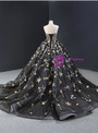 High quality Black Ball Gown Tulle Star Sequins Strapless Sleeveless Prom Dress 2020