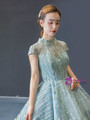 Impressive Green Ball Gown Sequins Cap Sleeve High Neck Backless Prom Dress 2020