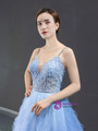 Attractive Blue Ball Gown Tulle Spaghetti Straps Beading Long Prom Dress 2020