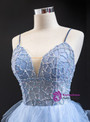 Attractive Blue Ball Gown Tulle Spaghetti Straps Beading Long Prom Dress 2020