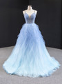 Attractive Blue Ball Gown Tulle Spaghetti Straps Beading Long Prom Dress 2020