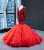 Fancy Red Mermaid Sequins Tulle Long Sleeve See Through V-neck Tiers Prom Dress 2020