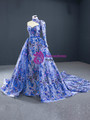 Blue Ball Gown Tulle Embroidery High Neck Long Sleeve Backless Prom Dress 2020