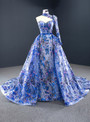 Blue Ball Gown Tulle Embroidery High Neck Long Sleeve Backless Prom Dress 2020