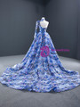 Blue Ball Gown Tulle Embroidery High Neck Long Sleeve Backless Prom Dress 2020