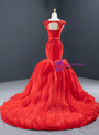 Graceful Red Mermaid Tulle Cap Sleeve Beading Sequins Backless Long Prom Dress 2020