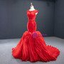 Graceful Red Mermaid Tulle Cap Sleeve Beading Sequins Backless Long Prom Dress 2020