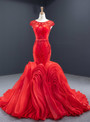 Graceful Red Mermaid Tulle Cap Sleeve Beading Sequins Backless Long Prom Dress 2020