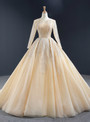 Elegant Champagne Ball Gown Tulle Sequins Long Sleeve Open Back Long Prom Dress 2020