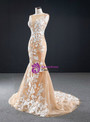 Dark Champagne Tulle Mermaid Bateau Lace Appliques Long Prom Dress 2020