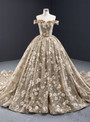 Khaki Ball Gown Off the Shoulder Tulle Embroidery Appliques Prom Dress 2020