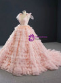Pink Ball Gown Tulle V-neck Backless Tiers Beading Sequins Long Prom Dress 2020