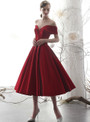 Fashionable Burgundy Satin Off the Shoulder Tea Length Short Prom Dress With Button 2020