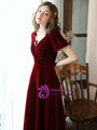 Modest Burgundy Velvet Short Sleeve Pleats Formal Prom Dress 2020