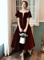 Sexy Burgundy See Through Puff Short Sleeve Short Prom Dress With Button 2020