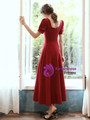 High quality Burgundy Satin Square Short Sleeve Tea Length Prom Dress 2020