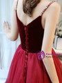 Noble Burgundy Velvet Tulle Spagehtti Straps Beading Long Prom Dress 2020