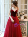 Noble Burgundy Velvet Tulle Spagehtti Straps Beading Long Prom Dress 2020