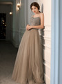 Luxury Champagne Tulle Spagehtti Straps Sleeveless Beading Prom Dress 2020