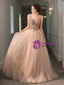 Sexy Pink V-neck Tulle Spaghetti Straps Appliques Beading Prom Dress 2020