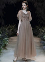 Fairy Tale Dark Champagne Tulle V-neck Beading Sequins Long Prom Dress 2020