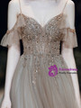 Fabulous Champagne Tulle Spaghetti Straps Beading Seuqins Long Prom Dress 2020