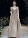 Fabulous Champagne Tulle Spaghetti Straps Beading Seuqins Long Prom Dress 2020