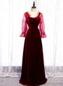 Burgundy Velvet Square Wave Point Long Sleeve Backless Prom Dress 2020