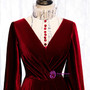 Dark Burgundy Velvet High Neck Long Sleeve Pleats Prom Dress With Button 2020