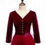 Burgundy Tulle Velvet V-neck 3/4 Sleeve Floor Length Prom Dress With Button 2020