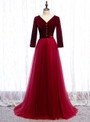 Burgundy Tulle Velvet V-neck 3/4 Sleeve Floor Length Prom Dress With Button 2020