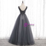 Lovely Gray Tulle V-neck Backless Sleeveless Beading Prom Dress 2020