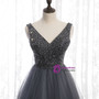 Lovely Gray Tulle V-neck Backless Sleeveless Beading Prom Dress 2020