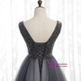 Lovely Gray Tulle V-neck Backless Sleeveless Beading Prom Dress 2020