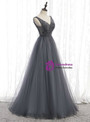 Lovely Gray Tulle V-neck Backless Sleeveless Beading Prom Dress 2020