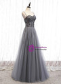 Gray Tulle Spagehtti Straps Sleeveless Sequins Floor Length Prom Dress 2020
