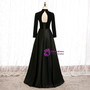 A-Line Black Satin High Neck Long Sleeve Backless Prom Dress With Bow 2020