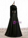 A-Line Black Satin High Neck Long Sleeve Backless Prom Dress With Bow 2020