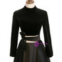 A-Line Black Satin High Neck Long Sleeve Backless Prom Dress With Bow