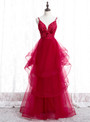 Adorable Burgundy Tulle Spagehtti Straps Appliques Beading Long Prom Dress 2020