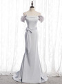 Marvelous Silver Gray Mermaid Satin Spagehtti Straps Prom Dress With Sash 2020