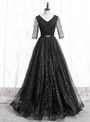 Black Tulle Sequins V-neck Short Sleeve Long Prom Dress With Sash 2020