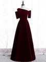 Stunning Dark Burgundy Velvet Irregular Neck Short Sleeve Floor Length Prom Dress 2020
