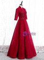 Burgundy Tulle Lace High Neck Short Sleeve Beading Long Prom Dress 2020