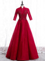 Burgundy Tulle Lace High Neck Short Sleeve Beading Long Prom Dress 2020