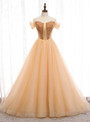 Romantic Gold Tulle Off the Shoulder Beading Formal Prom Dress 2020